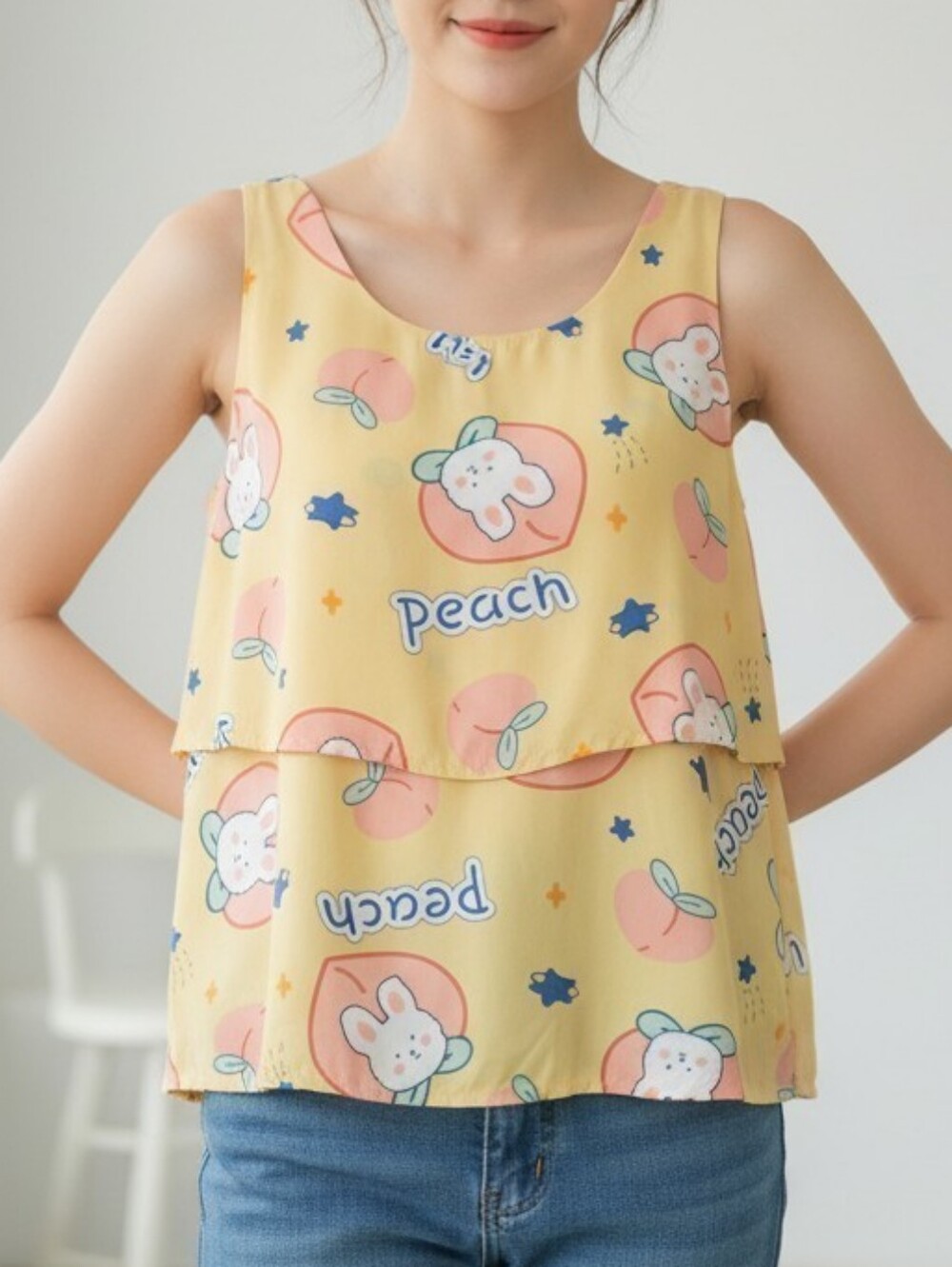 NWT TD Fashion Peach Bunny Print Sleeveless Ruffle Top Womens L Yellow Cute